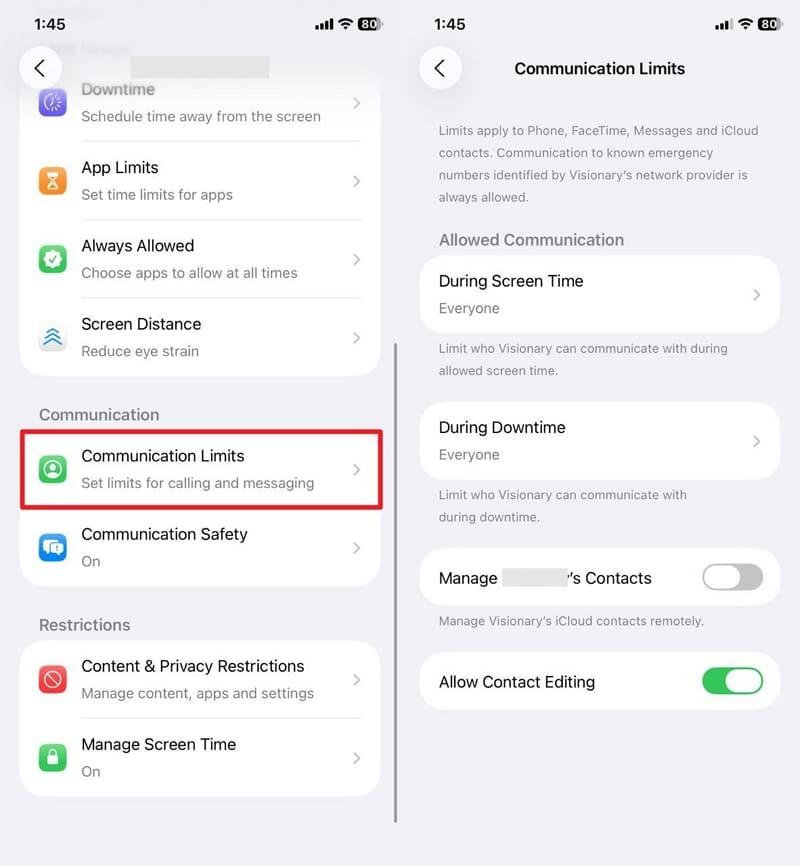 set communication limits to iphone